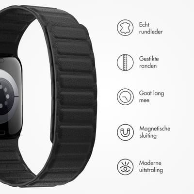 Magnetisch echt lederen bandje - Geschikt voor Apple Watch 1, 2, 3, 4, 5, 6, 7, 8, 9, 10, 11, SE, Ultra (2 / 3) - 44/45/46/49 mm - Zwart
