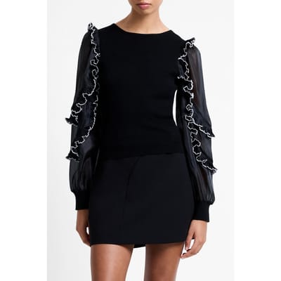 French Connection Krista Mix Ruffle Trim Slv Top Blackout Maat: S | Longsleeves Outlet | Dames | Zwart