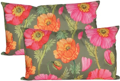 Anna's Collection Sierkussen voor binnen en buiten - 2x - klaprozen bloemen - groen/roze - 30 x 50 cm - tuinkussens