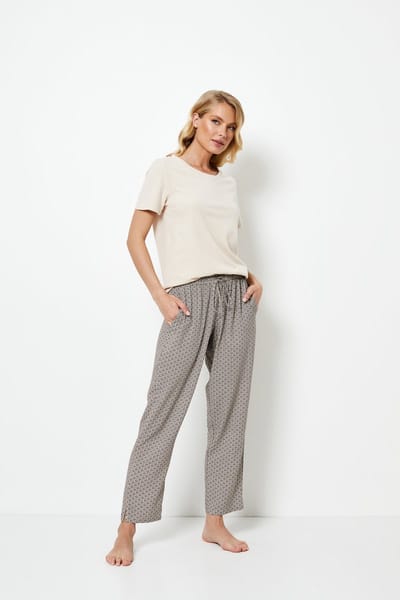 Dames Pyjama Jade-Zachte Katoenen Top & Viscose Broek-Korte Mouwen-Strikband & Zijsplitten-Beige-Multicolor-Maat S