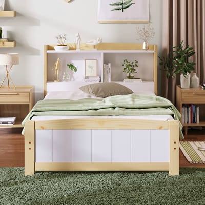 Eenpersoonsbed 90x200 cm met massief houten hoofdbord met opbergruimte, bed met opbergruimte en lattenbodem, natuurlijk en wit massief grenen(Matras niet inbegrepen)