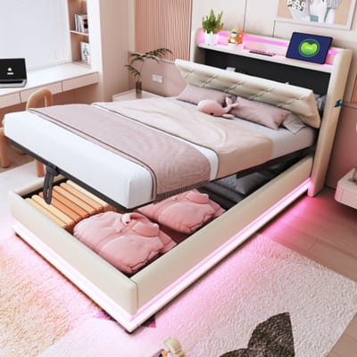 Kinderbed gestoffeerd bed - 90 x 200 cm beige - LED-verlichting - USB-stopcontact - linnenstof - bed met opbergruimte - lattenbodem - voor slaapkamer