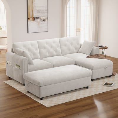 Moderne Hoekbank, L-Bank, 3-Zitsbank, Moderne Fluwelen Bank Met Chaise Longue En Voetenbank, Beide Met Opbergruimte. De Chaise Longue Kan Zowel Links Als Rechts Worden Geplaatst. Armleuningen Met Tijdschriftenvakken, Rugleuning Met Knoopdetails-Beige