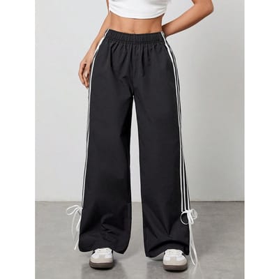 Zwart-wit gestreepte strikband casual broek dames retro elastische taille losse broek S zwart