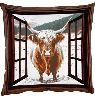 Sierkussens - Kussentjes Woonkamer - 50x50 cm - Schotse Hooglander - Landschap - Landelijk - Bergen - Winter - Doorkijk - Donker