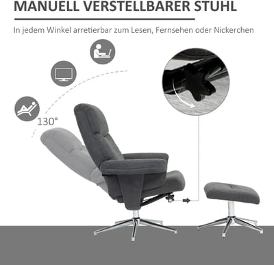 Relaxfauteuil Met Hocker - Handmatig Verstelbare Rugleuning Tot 130 Graden - Voor Woonkamer En Slaapkamer - Stof Donkergrijs