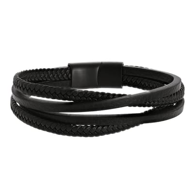 Lucardi Heren Blackplated armband gevlochten leer - Leer - Armband - Vaderdag Cadeautje - 21 cm - Zwart