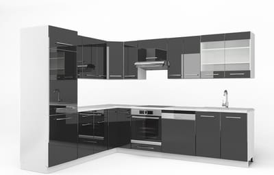 Vicco Hoekkeuken Fame-Line, Antraciet Hoogglans/Wit, 287 x 227 cm, WB Marmer