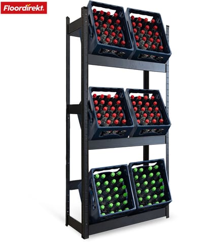 FLOORDIREKT Flessenkrattenrek Osaka - Poedergecoat Stalen Drankkrattenrek - voor 3 tot 9 Kratten - 200 x 80 x 30 cm - voor 6 Kratten - Zwart