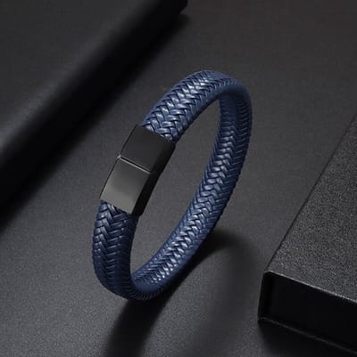 TVR-Wares® | Leren armband gevlochten | Blauw | Schuifsluiting | Maat M | 19cm