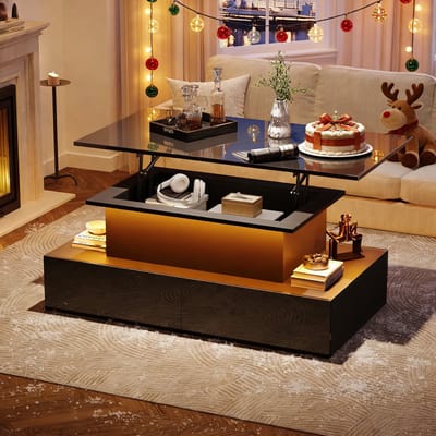 REDOM Hoogglans salontafel met LED, zwart, 90x55x41 cm — 4 lades & verborgen opbergruimte, 30 kg draagkracht, spaanplaat