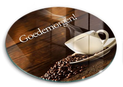 Wallfluent Glazen Snijplanken - Goedemorgen! Kopje koffie Snijplanken Glas - fi40 cm - Bruin Snijplanken van Glas - Glazen Serveerplank - Glazen Snijplank Voor Keuken - Antislip Glazen Snijplank
