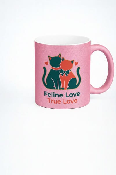 Roze Glitter Mok 'Feline Love True Love' met Lieve Katten - Romantische Koffiemok voor Kattenliefhebbers