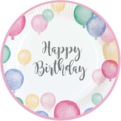 RIETHMULLER - 8 kartonnen borden Happy Birthday pastel ballonnen 23 cm roze rand