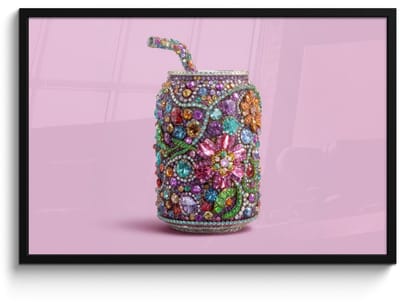 Poster in lijst - Fotolijst 90x60 cm - Posters - Frisdrankblikje - Bloemenpatroon - Edelstenen - Kleurrijk - Posterlijst zwart - Decoratie - Wanddecoratie woonkamer - Muurdecoratie slaapkamer