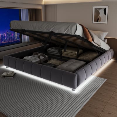 DESMIU Gestoffeerd Bed 180x200cm Zonder Matras – Hydraulisch Opklapbed Met LED-Verlichting En Verborgen Opbergruimte – Voor Jeugd En Slaapkamer – Fluweel – Grijs