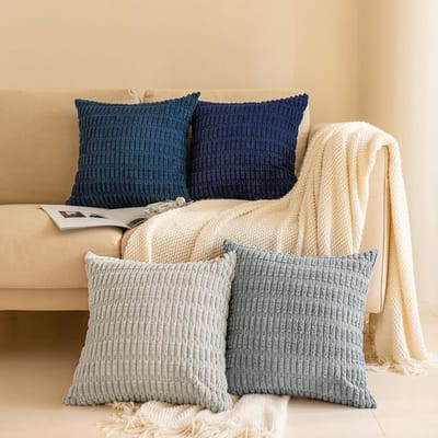 Sierkussenhoezen Set - Boho Kussenslopen - Interieur Decoratie - Zacht Corduroy Materiaal - 50x50 cm 4 Stuks - Grijs Blauw
