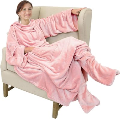 Knuffeldeken met Mouwen en Voeten | Fleece Winterdeken voor Volwassenen | 190 x 135 cm | Roze