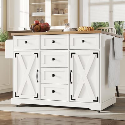 BLACKCOLORS Hoogwaardig Keukeneiland - Multifunctionele Serveerwagen - Met Houtnerf - Verrijdbaar Buffet - Keukentrolley - Voor Eetkamer, Woonkamer, Keuken - Wit