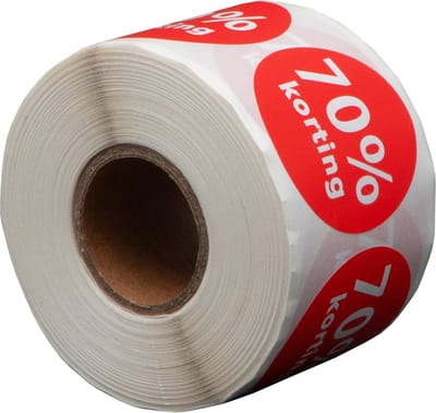 500 Etiketten Rond 70% korting Rood - 35 mm op Rol - Kortingssticker - Reclame sticker - Ronde stickers - DULA