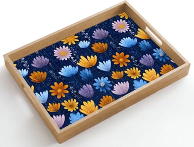 Dienblad hout 50x35 cm - Schootdienblad - Bloemen - Patroon - Blauw - Contrast - Borrelplank rechthoek - Plateau dienbladen