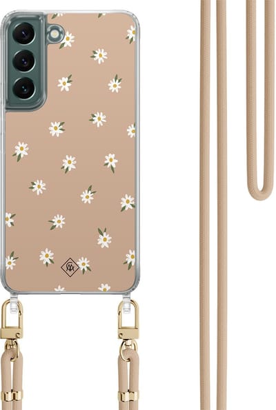 Casimoda® hoesje met beige koord - Geschikt voor Samsung S22 Plus - Sweet Daisies - Afneembaar koord - TPU/polycarbonaat - Bruin/beige