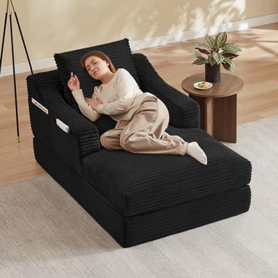 Pugsdrly Moderne minimalistische corduroy luie loungestoel, ruime eenpersoonssofa, ontspanningsbank voor woonkamer en slaapkamer, dubbellaags ontwerp, uit te klappen tot bed