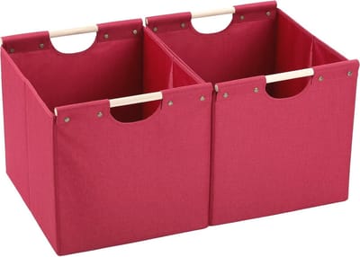 Grote opvouwbare opbergbakken set van 2 - linnenstof, opbergmanden met houten handgrepen, ideaal voor thuis, kantoor, auto en kinderkamer - rood