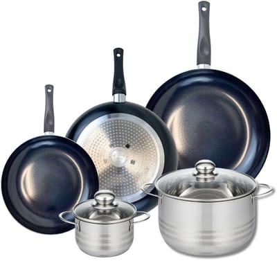 Set van 3 Kookpannen 24, 28 en 32 cm en 2 braadpannen 14 en 24 cm Elo Prima Glanzend