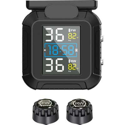 Motorbandenspanningsmeter met 2 externe sensoren, Opladen via zonne-energie en USB, 0 87PSI bereik, Geeft druk en wit