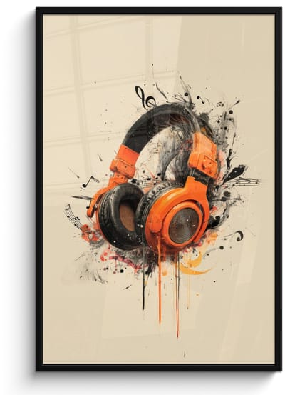 Poster in lijst - Fotolijst 80x120 cm - Posters - Koptelefoon - Oranje - Explosief - Posterlijst zwart - Decoratie - Wanddecoratie woonkamer - Muurdecoratie slaapkamer
