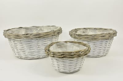 Oneiro Luxe Bloempot SET/3 MANDEN LAAG ROND WIT MET GRIJZE RAND D37 H15CM – hotel chique - binnen ––– accessoires – tuin – decoratie – bloemen – mat – glans – industrieel - droogbloemen - Buiten bloempot - tuin - tuinieren