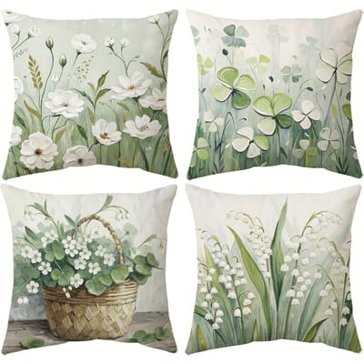 4 stuks Groene Bloem Lente - thema Kussensloop Slaapkamer Woonkamer Bank Huisdecoratie Polyester Kussenhoes met Rits 50x50cm