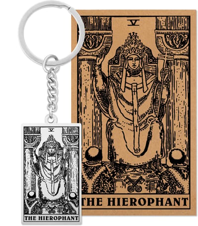 Tarot Sleutelanger V: De Hogepriester / The Hierophant - Op Cadeau Kaartje - Zilverkleurig Stainless Steel - Grote Arcana uit Rider-Waite Geïnspireerd - Pax Amare