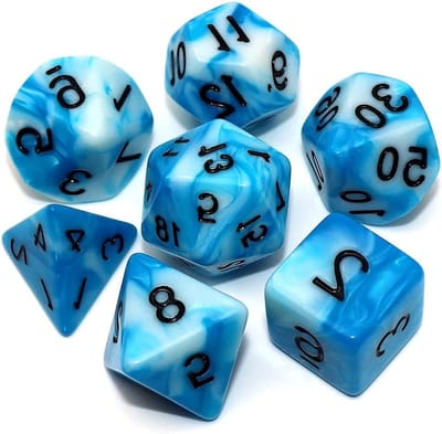 Polyhedron dobbelstenen set in blauw en wit voor Dungeons & Dragons, RPG, tafelspellen - 7-delige set met opbergzak