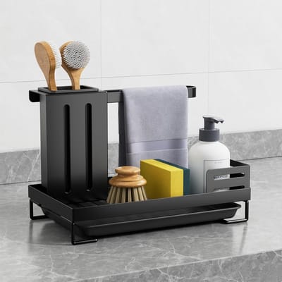 Spoelbakorganizer Met Afvoerpan, Mand Voor Keuken En Badkamer, Wastafel, Organizer, Sponshouder, Keukenaccessoires, Spons/Borstel/Spoelzeep