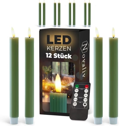 LED-kaarsen met timer groen 12 stuks voor binnen - 6 uur - ECHTE WAS geribbeld 23 cm hoog voor kaarsen 2,2 cm diameter 2 AAA-batterijen vereist LED-kaarsen set van 2 (drie keer) bewegende vlam