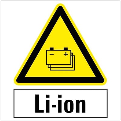 Pas op gestapelde batterijen sticker met tekst LI-ION 200 x 200 mm