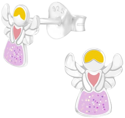 Joy|S - Zilveren engel oorbellen - 6 x 8 mm - zilver paars met glitter - kinderoorbellen