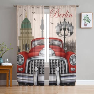 Berlijn Retro Poster Tule Transparante Gordijnen voor Woonkamer Decoratie Gordijn voor de Kamer Slaapkamer Keuken Voile Organza Gordijnen 135W x 114H(cm) white