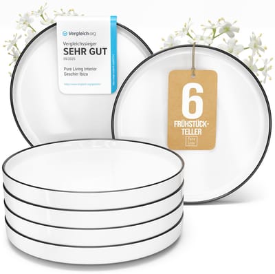 Pure Living Scandi Dessertborden Set - 6 Stuks - Ø 20 cm - Wit - Porselein - Vaatwasserbestendig