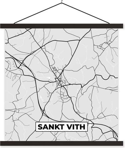 Posterhanger incl. Poster 60x60 cm - Schoolplaat - Kaart – Plattegrond – Stadskaart – Sankt Vith – België – Zwart Wit - Textielposter - Zwarte latten - Stadskaart