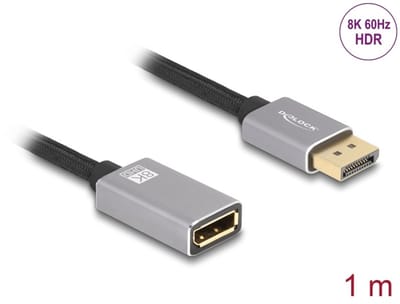 Delock DisplayPort extension cable 8K 60 Hz 1 m grey metal without latch