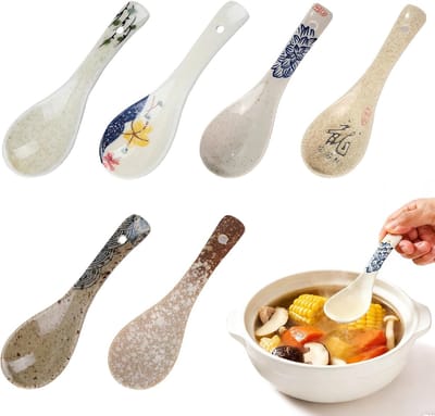 Soeplepels, 14 cm theelepels Retro Ramen lepels, Aziatische Chinese lepels met patroon, Japanse Ramen lepels, porseleinen lepels voor soep, dumplings, pho, wonton, miso