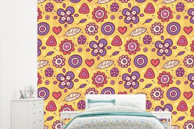 Behang - Fotobehang Patroon - Bloemen - Paars - Oranje - Breedte 315 cm x hoogte 260 cm