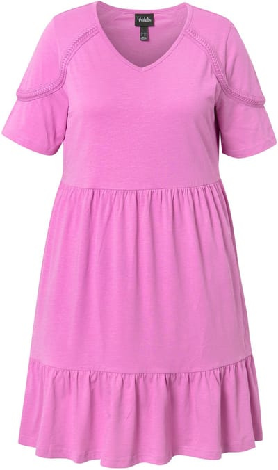 Ulla Popken - Dames - Jersey jurk sierband A-lijn V-hals korte mouw - Koel roze - Maat 42+