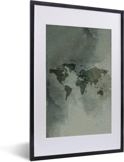 Poster in lijst - Fotolijst 40x60 cm - Posters - Wereldkaart - Aquarelverf - Groen - Grijs - Posterlijst zwart - Decoratie - Wanddecoratie woonkamer - Muurdecoratie slaapkamer