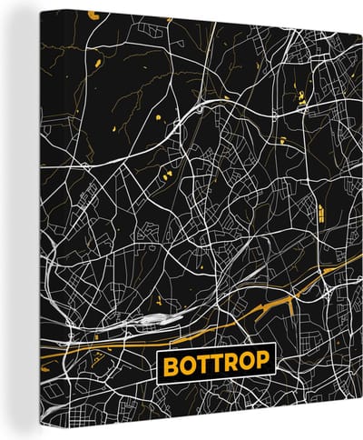 Canvas Schilderij Bottrop - Stadskaart - Black and Gold - Goud - Duitsland - Plattegrond - Kaart - 20x20 cm - Wanddecoratie