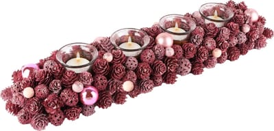 Dekoratief | Tafelstuk lang m/dennenappels/ballen, roze, 50x13x8cm | A245503