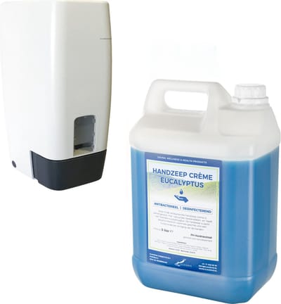 Zeepdispenser 1 liter kunststof hervulbaar + 5 liter jerrycan Handzeep crème Eucalyptus